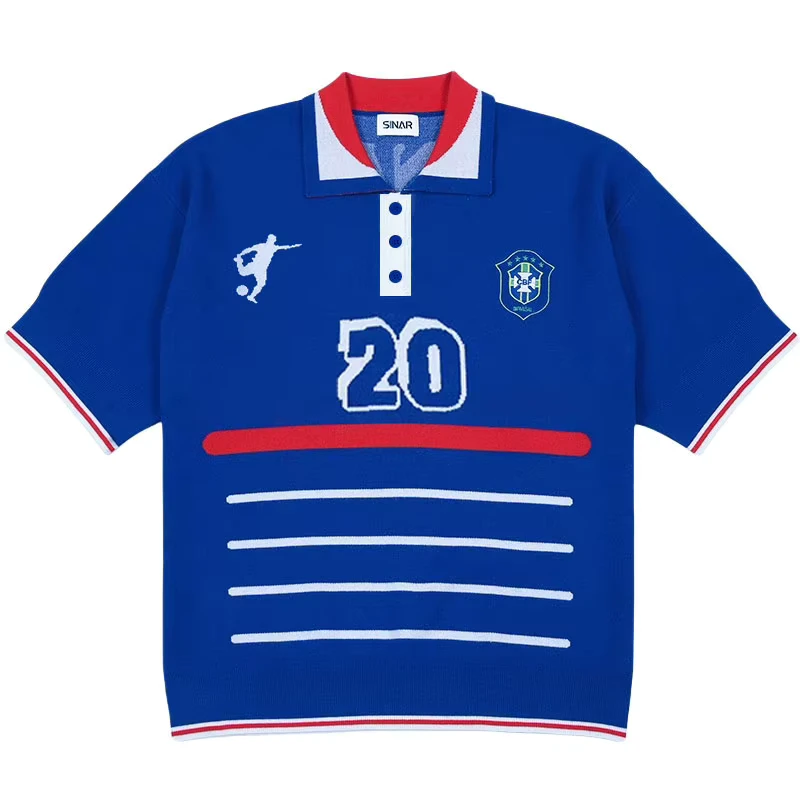 Men's Short-Sleeve Vintage Football Knit Polo Sweater Knitted Jersey