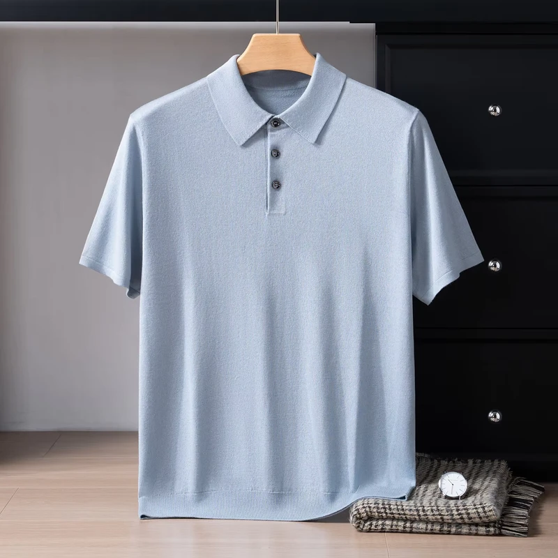 Men's Silk Cashmere Polo Shirt Solid Thin Short-Sleeve Lapel Knit Pullover