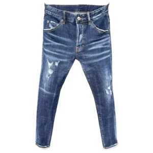 Men’s Slim Patch Stretch Jeans Blue Skinny Denim Trousers