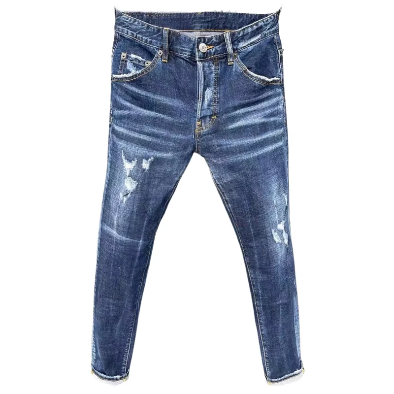 Men's Slim Patch Stretch Jeans Blue Skinny Denim Trousers