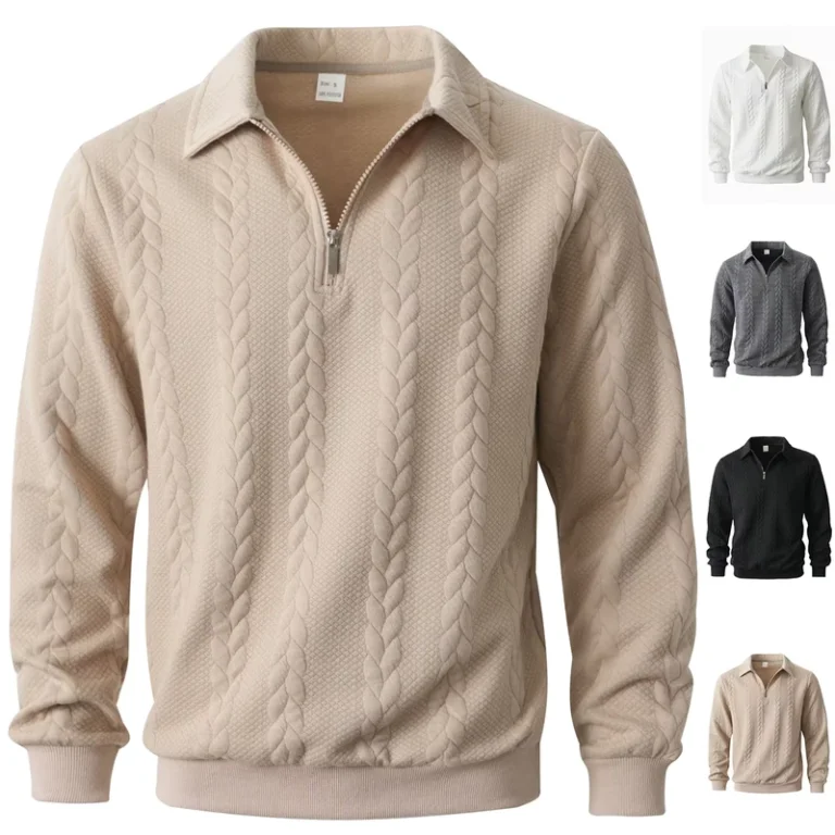 Mens-Solid-Color-Cable-Knit-Polo-Sweaters-Quarter-Zip-Turn-Down-Collar-Textured-Casual-Tops-Factory-Direct-OEM-Custom