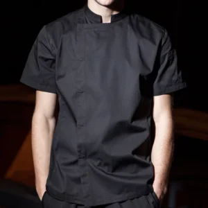 Men’s Solid-Color Short-Sleeve Stand-Collar Breathable Polyester Chef Shirt for Hotels and Restaurants