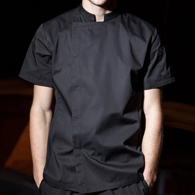 Men's Solid-Color Short-Sleeve Stand-Collar Breathable Polyester Chef Shirt for Hotels and Restaurants