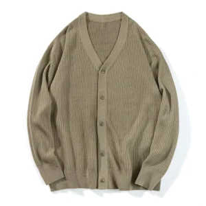 Men’s Spring Autumn Loose-Fit Hollow V-Neck Cardigan Sweater Anti-Shrink Knitwear