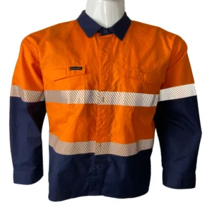 Men’s Spring Work Wear High Visibility HiVis Scotchlite Two Tone 100% Cotton Twill Anti Wrinkle Flame Retardant FR Long Shirt