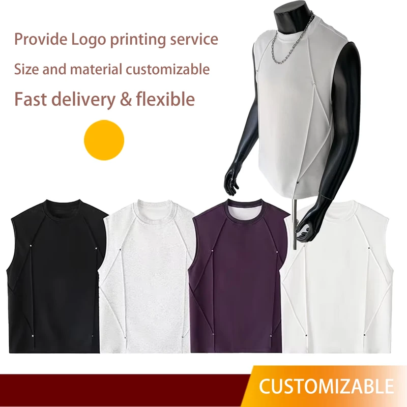 Men's Striped Breathable Knitted Cotton Sleeveless Vest T-Shirt with Rivet Spliced Design