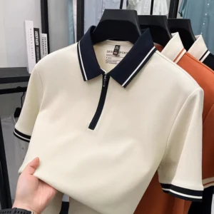 Men’s Striped Short Sleeve Zipper Lapel T-Shirt Loose Fit