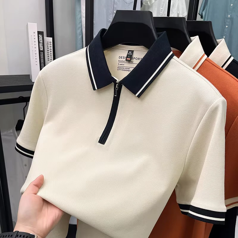 Men's Striped Short Sleeve Zipper Lapel T-Shirt Loose Fit