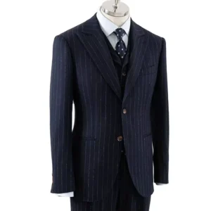 Men’s Suits 100% Wool Slim Fit Navy Striped Business Style Official Plus Size Zipper Fly Closure Breathable 2 Pieces