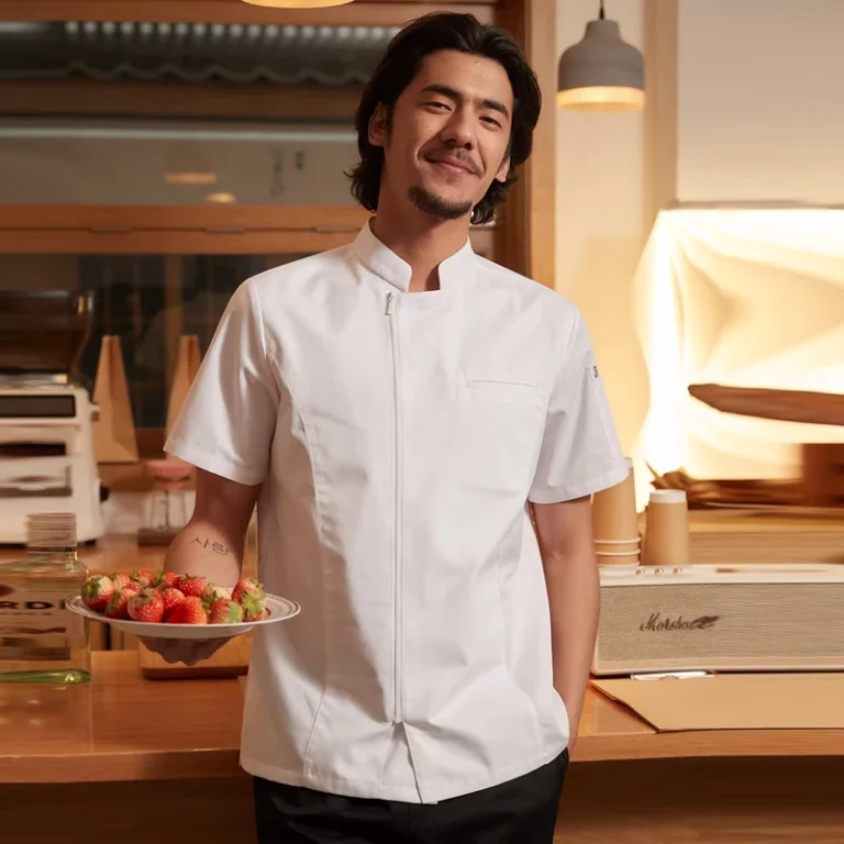 Mens-Summer-Chef-Uniform-Set-Polyester-Cotton-Short-Sleeved-Jacket-Style-Shirt-Customizable-Design-For-Cooking
