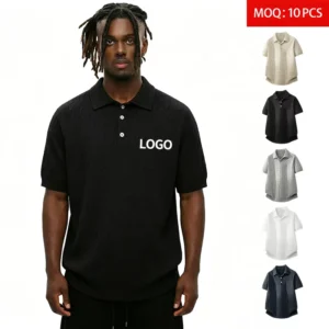 Men’s Summer Short Sleeve 450gsm Jacquard Knit Polo Shirt Solid Color Breathable