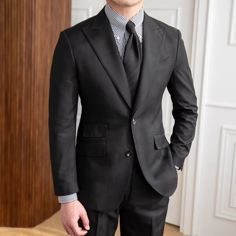 Men's Trendy All Match Solid British Wool Two Piece Business Suit Single Breasted Tuxedo Flat Customizable Wedding