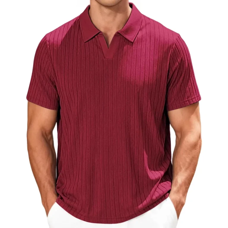 Mens-V-Neck-Polo-Shirt-Summer-Office-Wear-Breathable-Short-Sleeve-Knitted-T-Shirt-with-Striped-Pattern-ODM-Supply