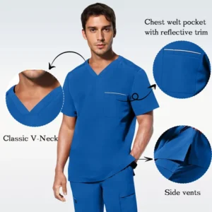 Men’s V-Neck Polyester Spandex Hospital Scrub Uniform Set Quick-Dry