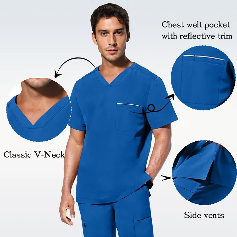 Men's V-Neck Polyester Spandex Hospital Scrub Uniform Set Quick-Dry