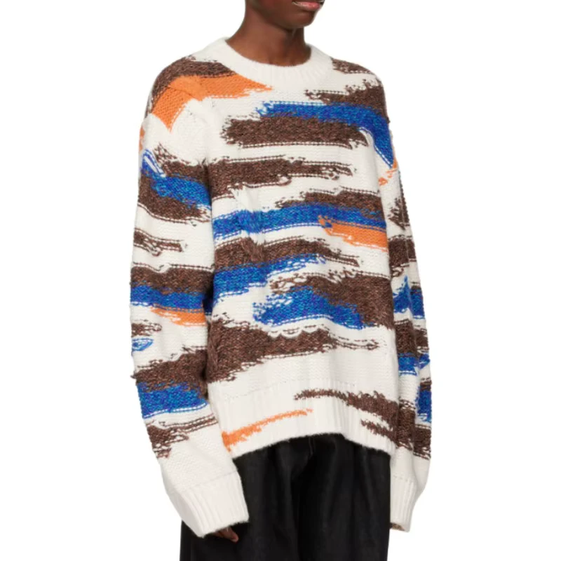 Men's Vintage 100% Cotton Crew Neck Pullover Sweater Striped Knit Fall Winter Trendy Landscape Patchwork Cardigan Autumn Style