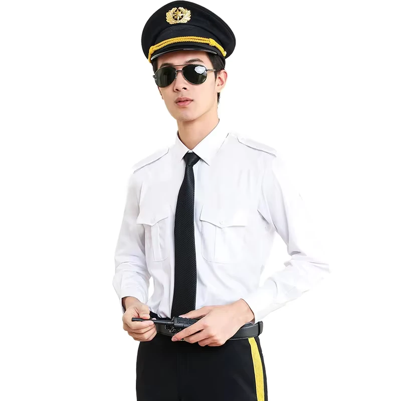 Men's White Epaulet Aviation Uniform Shirt for Airline Use