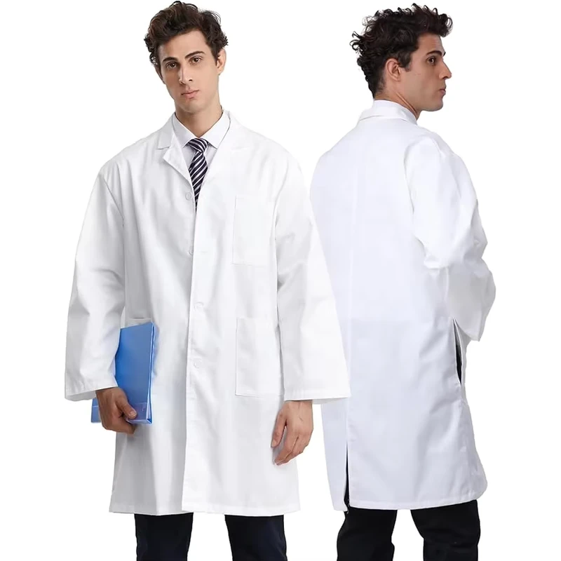 Men's White Long-Sleeve Doctor Lab Coat with 3 Pockets