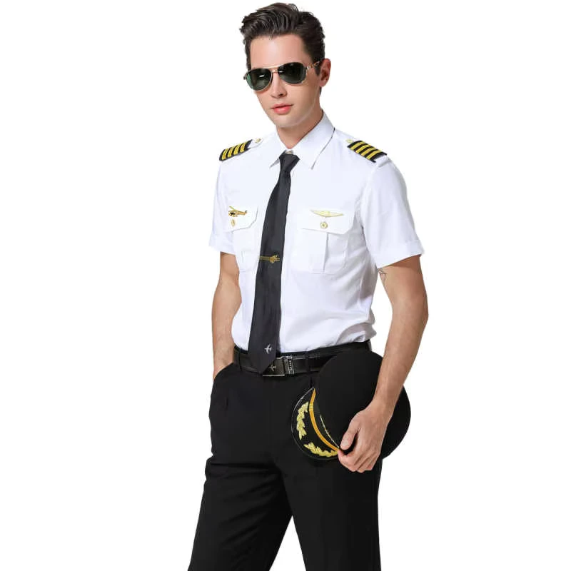 Men's White Long sleeved Short sleeved Shirt Seaman Uniform Pilot Training Institution Uniform Shirt Set