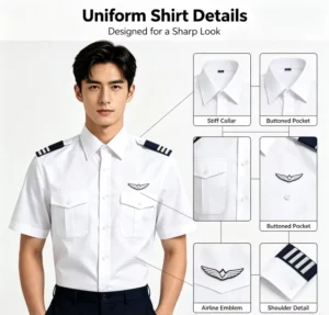 Men’s White Pilot Uniform Shirt Custom Airline Crew Dress Shirt Short Sleeve Epaulets Wrinkle Resistant Aviation Pilot