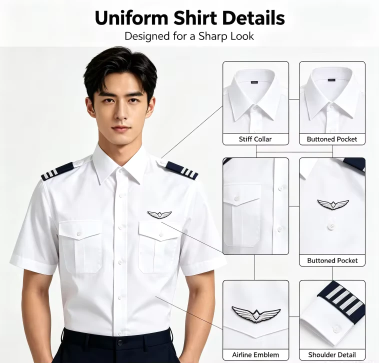 Men's White Pilot Uniform Shirt Custom Airline Crew Dress Shirt Short Sleeve Epaulets Wrinkle Resistant Aviation Pilot