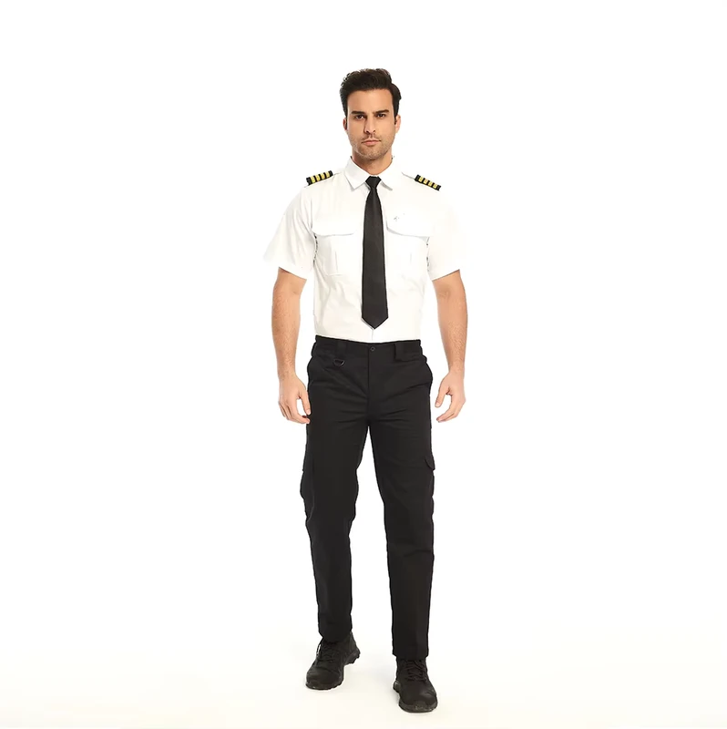 Men's White Polyester Cotton Short-Sleeve Pilot Shirt