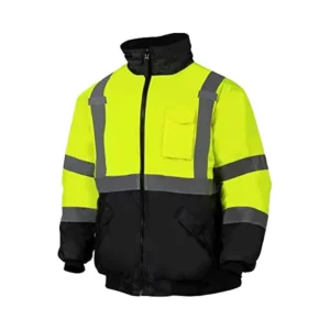 Men’s Winter Bomber Jacket ANSI Class 3 Hi Vis Safety with Polar Fleece Lining Stand Collar and Front Logo Yellow
