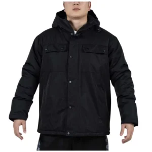 Men’s Winter Hooded Work Jacket Fleece Lined Twill Water and Oil Resistant Black Utility Jacket