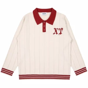 Men’s Winter Jacquard Letter-Pattern Loose Rib-Knit Sweater Long-Sleeve Polo Shirt