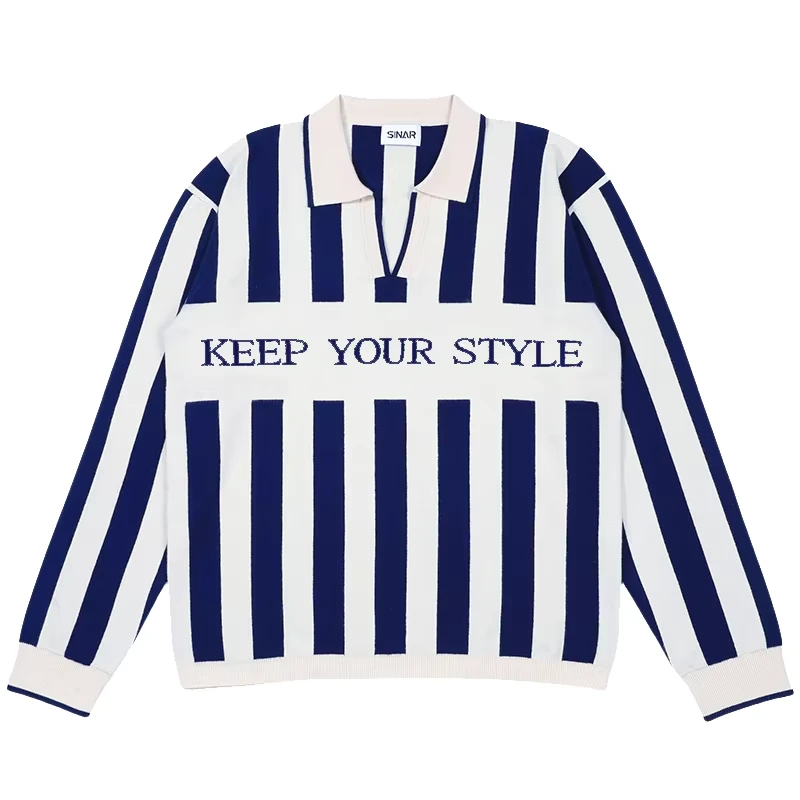 Men's Winter Jacquard Pattern Striped Knit Sweater Polo Shirt