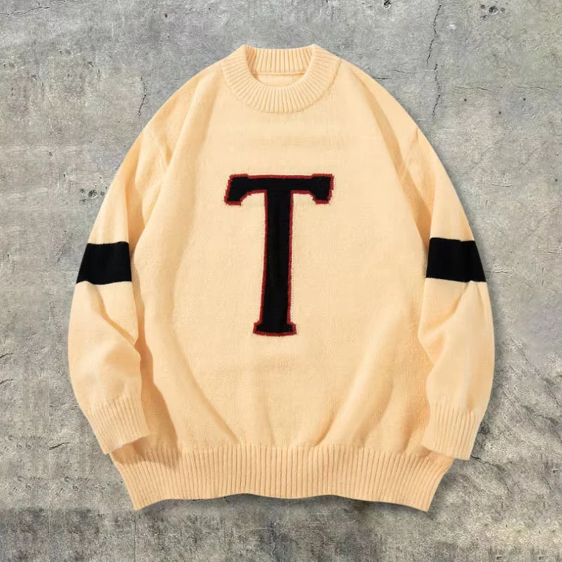 Men's Winter Long Sleeve Round Neck Drop Shoulder Letter Print Knitted Pullover Sweater