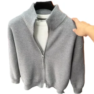 Men’s Winter Solid Color Knit Cardigan Slim Fit Stand Collar Sweater
