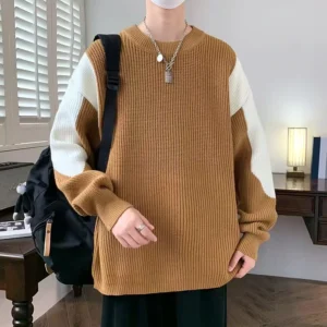 Men’s Winter Turtleneck Top Loose Knit Cuff Colorblock Crewneck Sweater Anti Wrinkle Feature OEM Service Striped Pullover