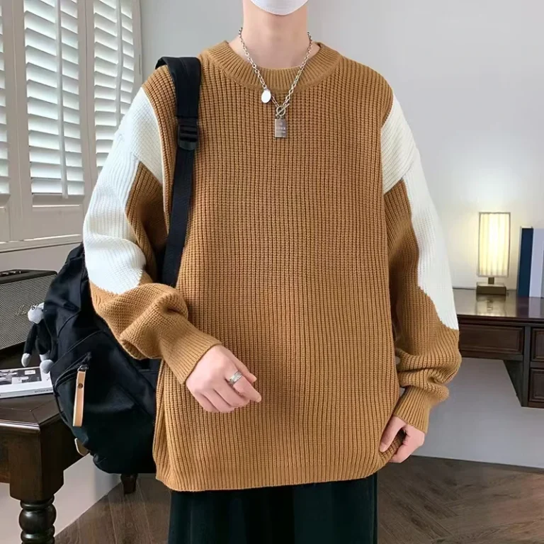 Mens-Winter-Turtleneck-Top-Loose-Knit-Cuff-Colorblock-Crewneck-Sweater-Anti-Wrinkle-Feature-OEM-Service-Striped-Pullover