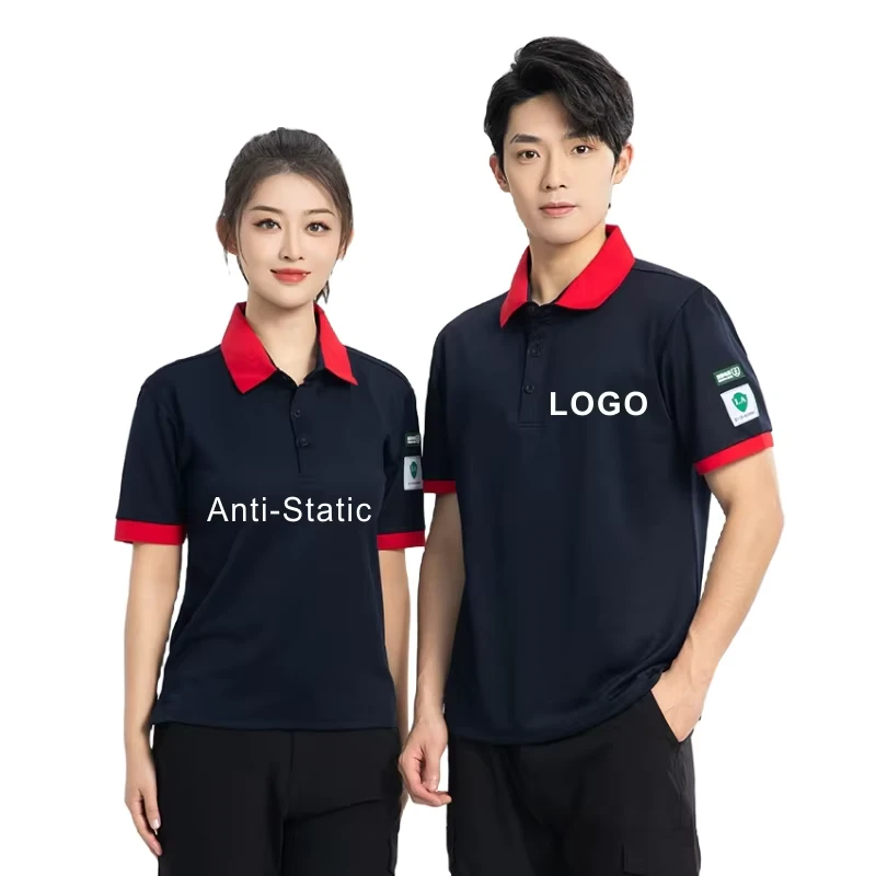 Men's & Women's Summer Work T Shirt Anti Static Cotton Polo Shirt for Gas Station Sinopec Labor Protection Thin Short Sleeve