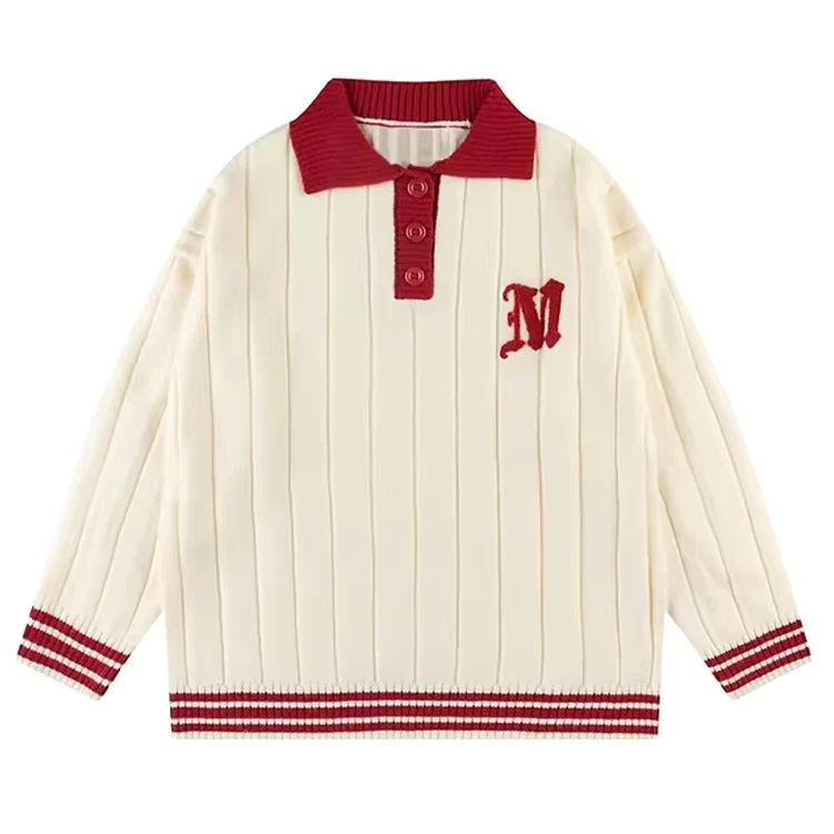 Men's Youth Custom Knitwear Polo Collar Spring and Autumn Long Sleeve Knitted Sweater Jacquard Letter Polo Neck Sweater for Men