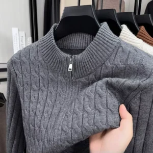 Mens Zip Up Stand Collar Thickened Wool Knit Cardigan Casual Autumn Winter Sweater Jacket
