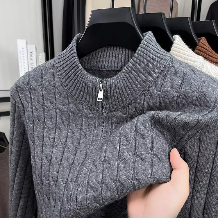 Mens-Zip-Up-Stand-Collar-Thickened-Wool-Knit-Cardigan-Casual-Autumn-Winter-Sweater-Jacket