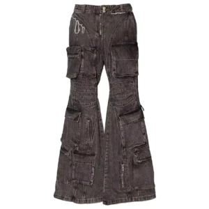 Men’s and Women’s General Heavy Washing Cargo Jeans Multiple Cargo Pockets Design Personalized Splicing Pants
