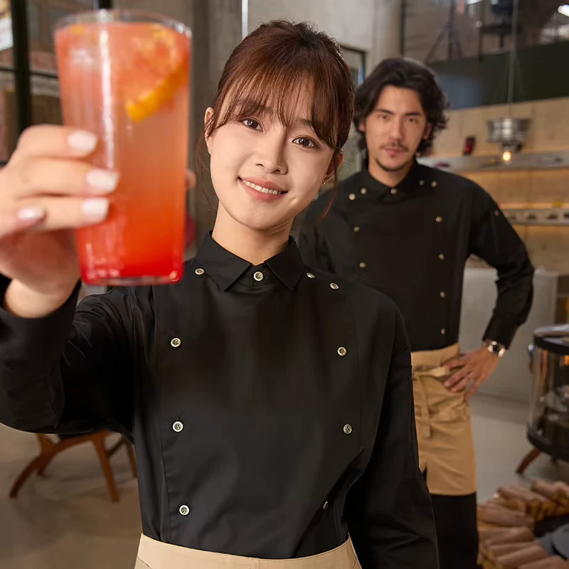 Men's and Women's Long Sleeve Autumn Dining Overalls Custom Logo Western Hotel Reception Uniforms 35% Cotton 65% Polyester