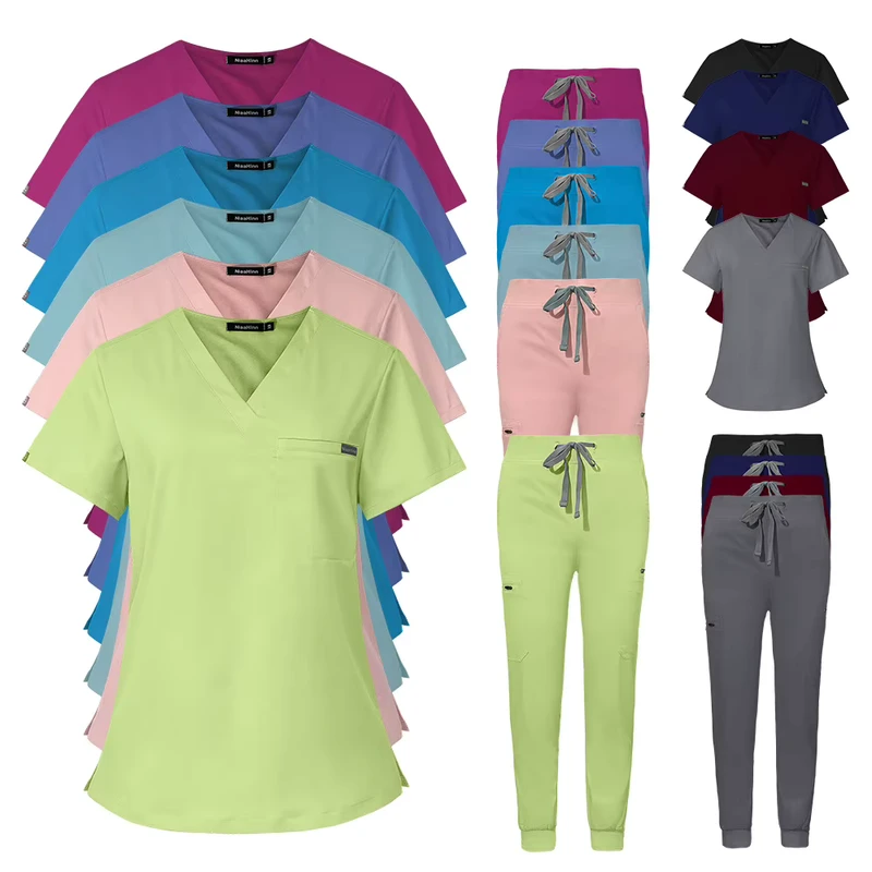 Men's and Women's Solid-Color Doctor and Nurse Workwear Set with Pants, Frosted Cream