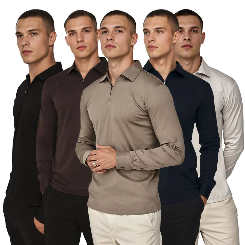 Mercerized Cotton Half Zipper Mens Polo Custom Logo Long Sleeve Polo