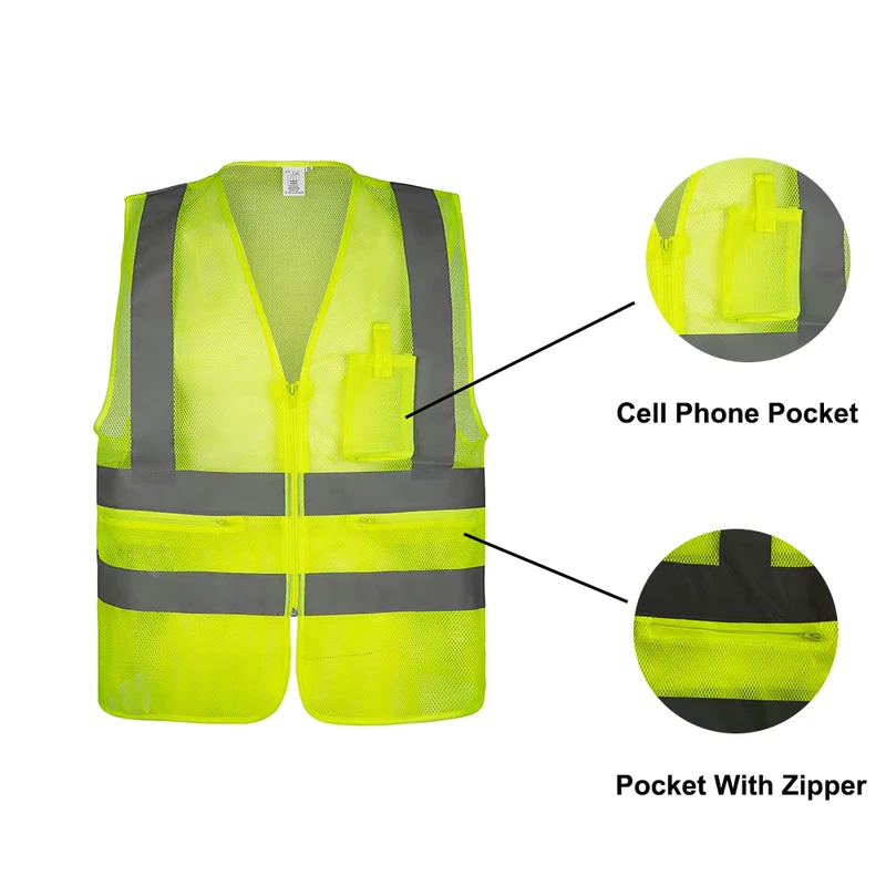 Mesh Hi-Vis Safety Vest with Cell Phone Pocket for Road Construction