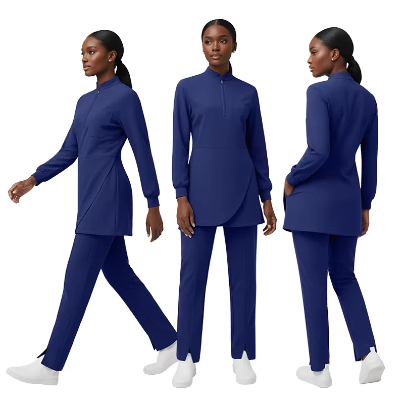 Middle Eastern Women's Long-Sleeve Scrub Set with Stand Collar Half-Zip Top and Covered Buttocks for Hospital Uniform