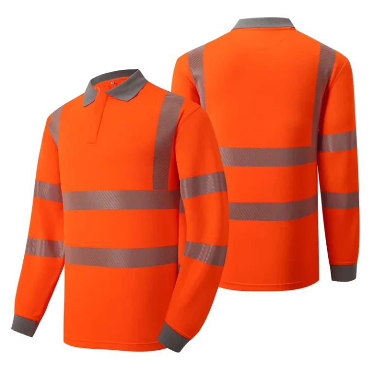 Modacrylic-Fabric-Mens-FR-Hi-Vis-Orange-Reflective-Long-Sleeve-Polo-Shirt-EN20471