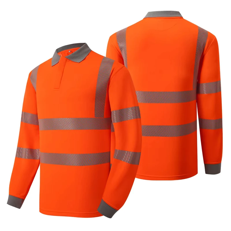 Modacrylic Fabric Men's FR Hi-Vis Orange Reflective Long Sleeve Polo Shirt EN20471