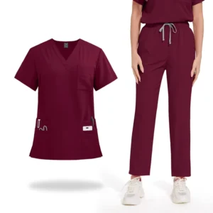 Model 42168 V-Neck Straight-Leg Cargo Scrub Set Wine Red 120gsm Plus-Size Nursing Uniform