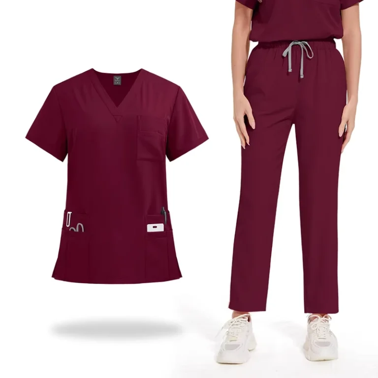 Model-42168-V-Neck-Straight-Leg-Cargo-Scrub-Set-Wine-Red-120gsm-Plus-Size-Nursing-Uniform