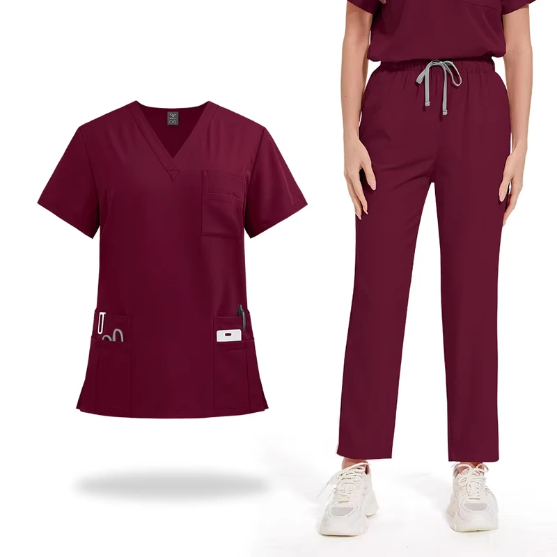 Model 42168 V-Neck Straight-Leg Cargo Scrub Set Wine Red 120gsm Plus-Size Nursing Uniform