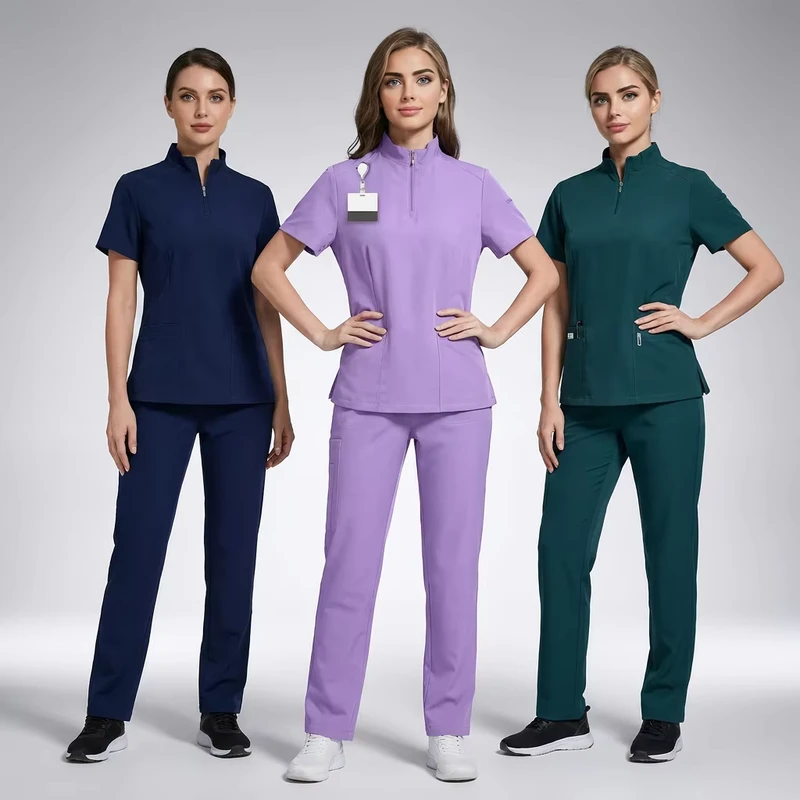Modern Mandarin Collar Polyester Dobby Fabric Medical Scrubs Set Unisex Zip Front 4 Way Stretch Professional Dental Uniform